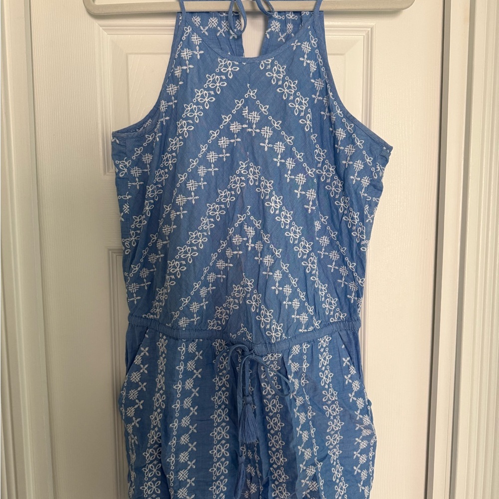 LOFT Blue and White Romper with Halter Neckline with Embroidery Detail